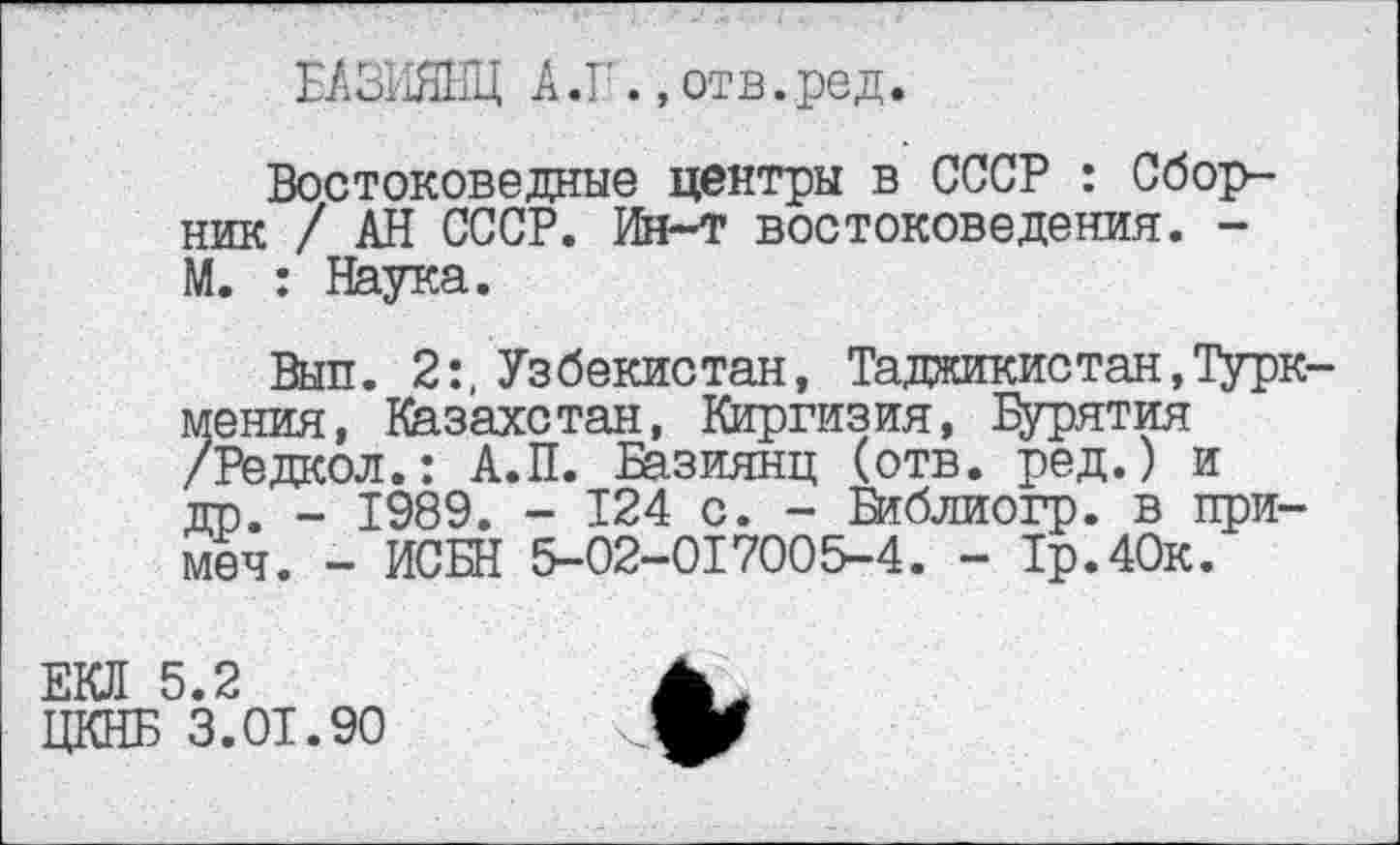 ﻿ЕКЛ 5.2
ЦКНБ 3.01.90
ЕАЗИЯНЦ А .Г.,от в.ред.
Востоковедные центры в СССР : Сборник / АН СССР. Ия-т востоковедения. -М. : Наука.
Вып. 2:, Узбекистан, Таджикистан,Туркмения, Казахстан, Киргизия, Бурятия /Редкол.: А.П. Базиянц (отв. ред.) и до. - 1989. - 124 с. - Бтблиогр. в прямей. - ИСБН 5-02-017005-4. - Тр.40к.
о